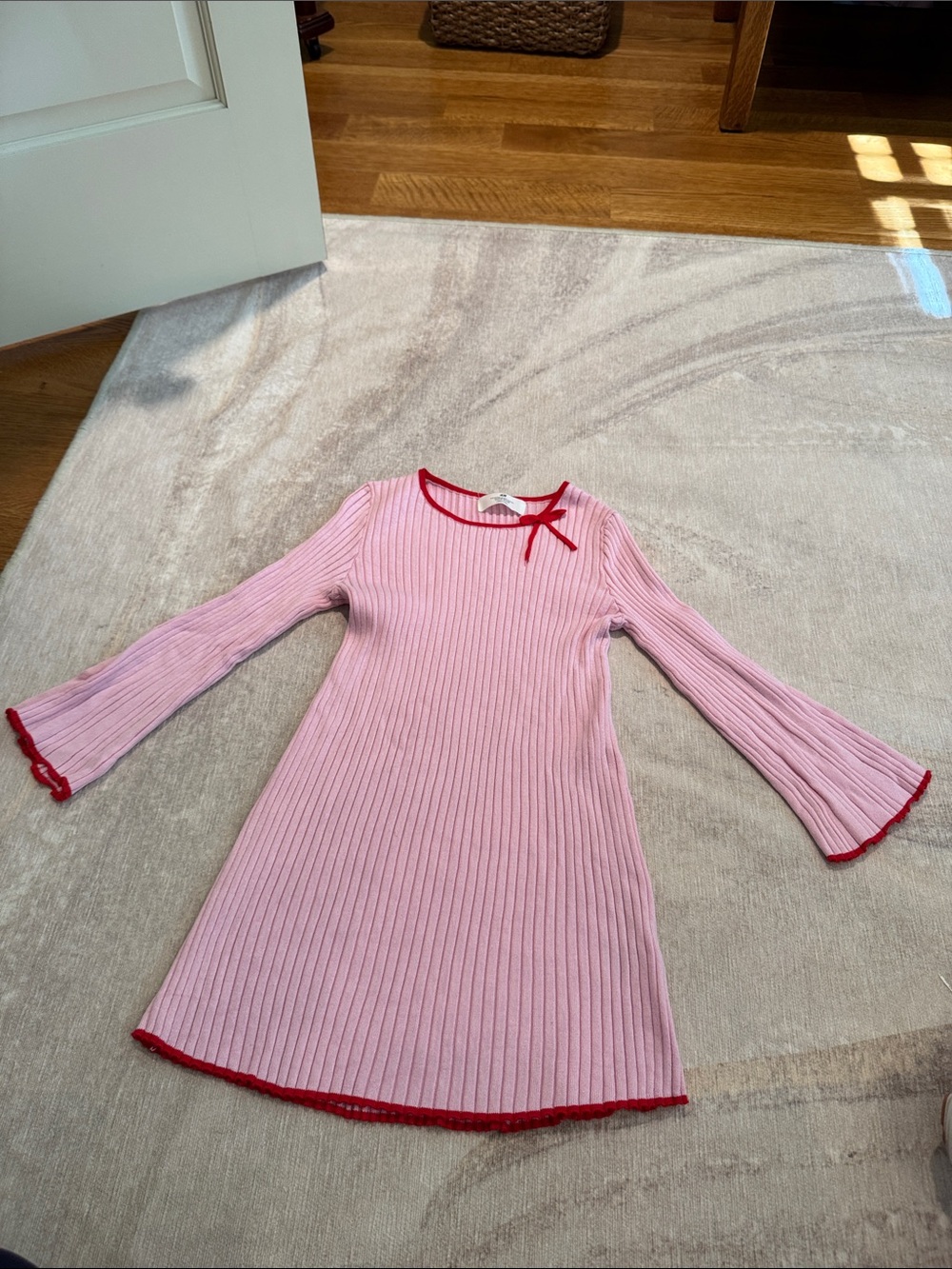 H&M Pink Ribbed Knit Dress with Red Trim and Bow
